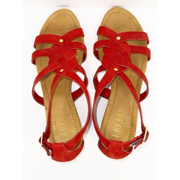 Ralph Lauren Demi Wedge Sandal Red Leather Strappy Gold Buckle Comfort 9.5 B - Picture 11 of 16